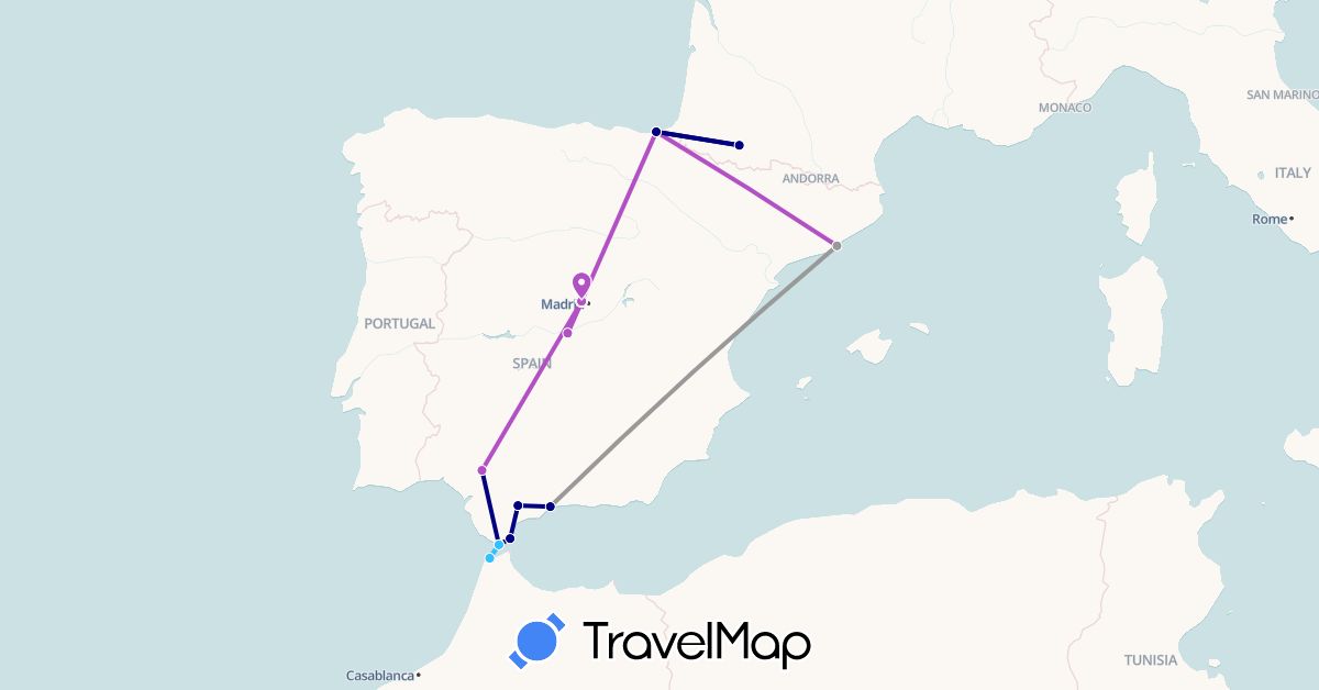 TravelMap itinerary: driving, plane, train, boat in Spain, France, Gibraltar, Morocco (Africa, Europe)